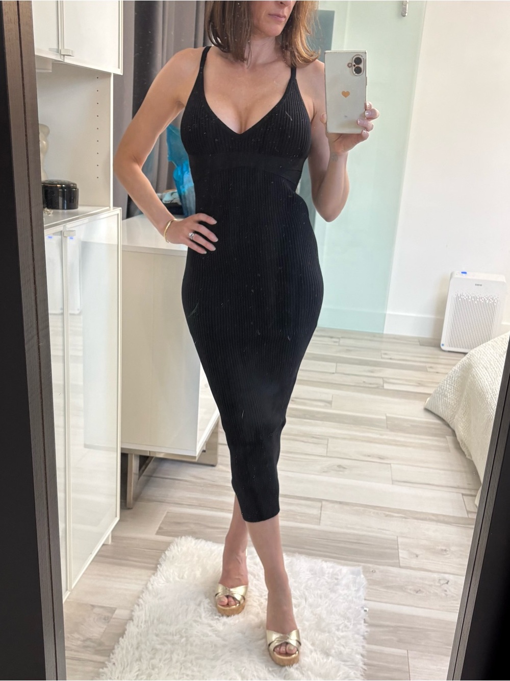 NWOT Forever 21 Black Ribbed V-Neck Midi Bodycon Dress
